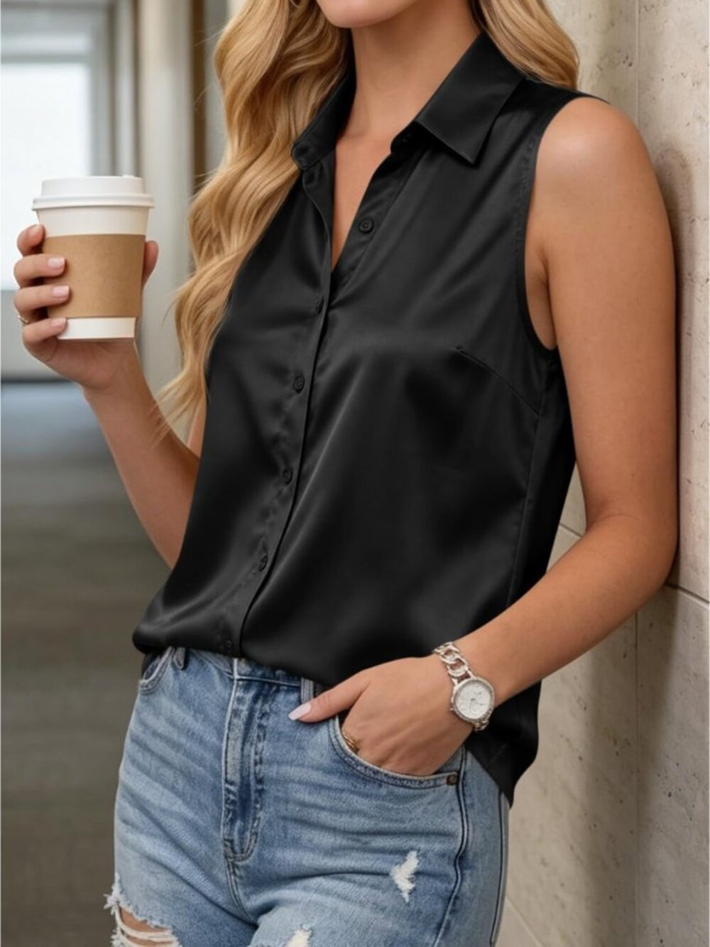 Women's Black Sleeveless V Neck Button Down Loose Fit Casual Blouses Tank Tops - Picture 3 of 6
